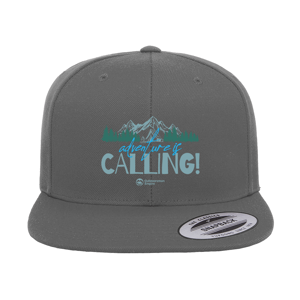 Adventure Camping Printed Flat Bill Cap featuring a structured design and green under visor, perfect for outdoor activities.