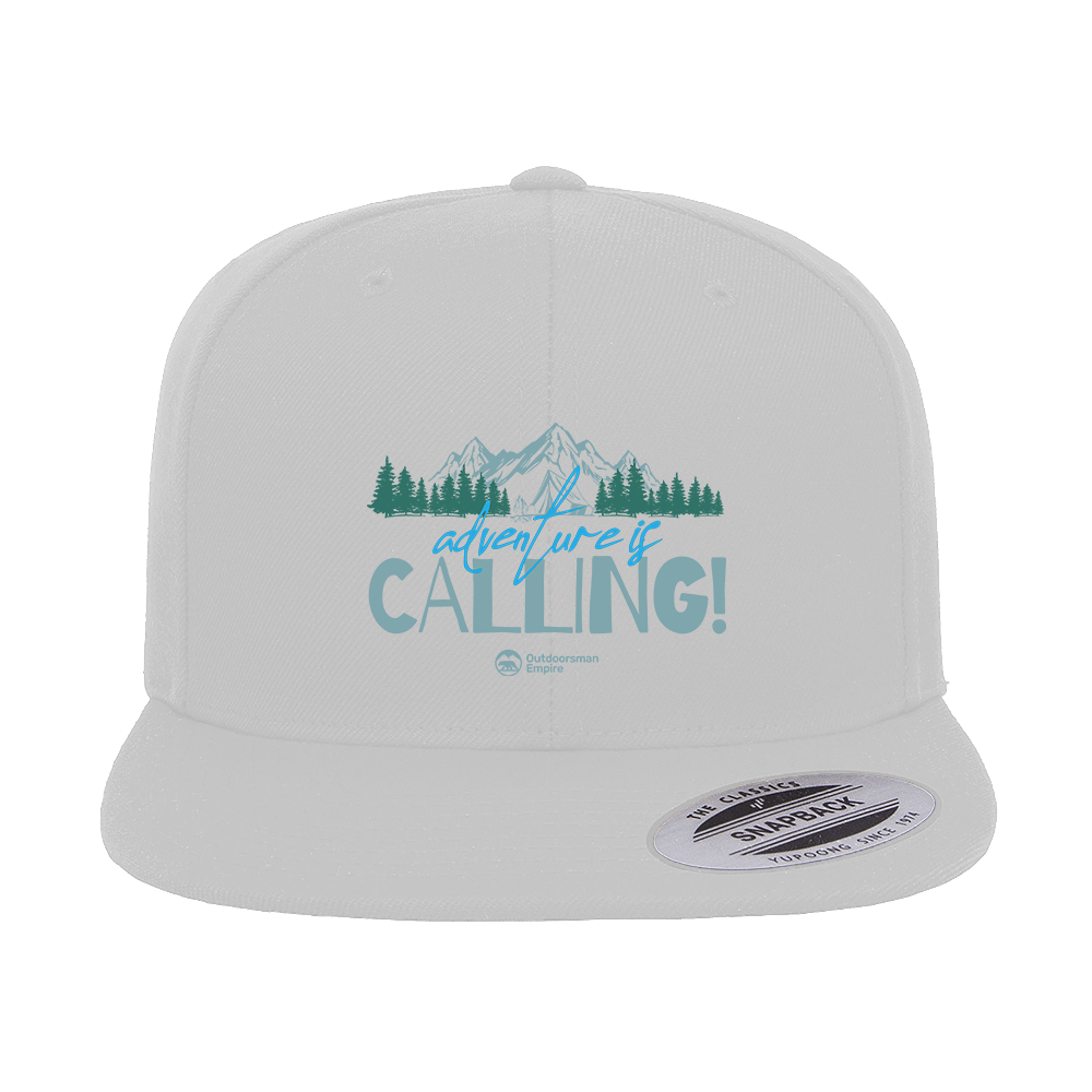 Adventure Camping Printed Flat Bill Cap featuring a structured design and green under visor, perfect for outdoor activities.