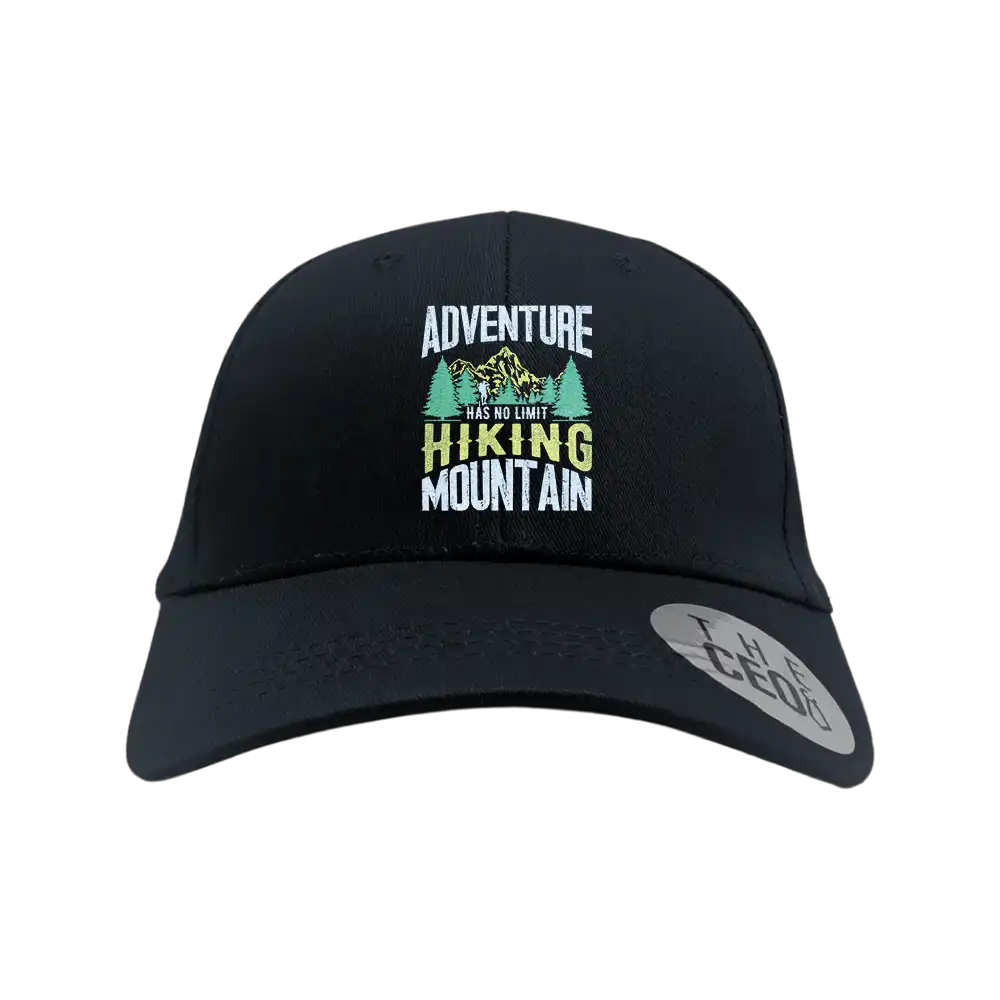 Adventure Has No Limit Embroidered Baseball Hat featuring a unique design, made of 100% cotton with a snapback closure.