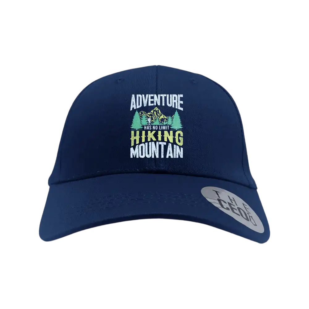 Adventure Has No Limit Embroidered Baseball Hat featuring a unique design, made of 100% cotton with a snapback closure.