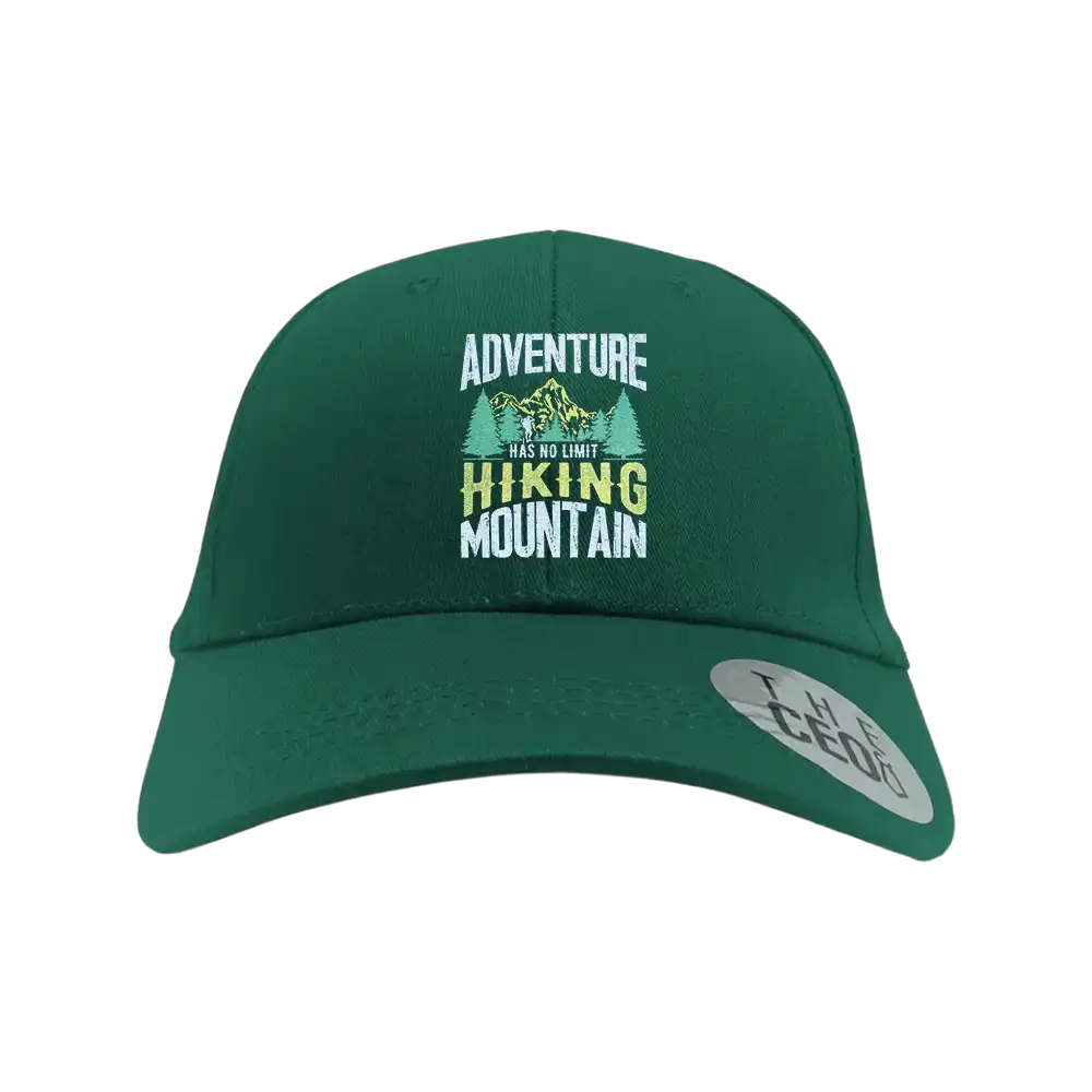 Adventure Has No Limit Embroidered Baseball Hat featuring a unique design, made of 100% cotton with a snapback closure.