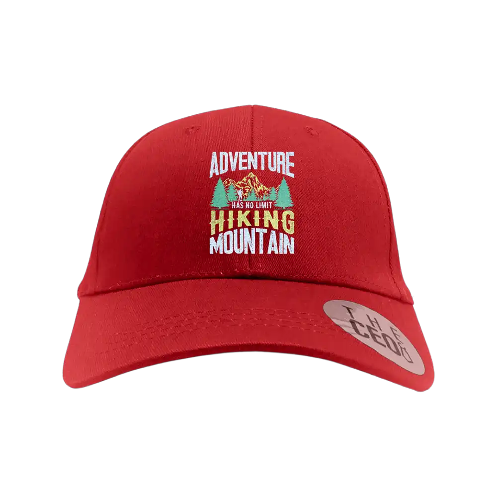 Adventure Has No Limit Embroidered Baseball Hat featuring a unique design, made of 100% cotton with a snapback closure.