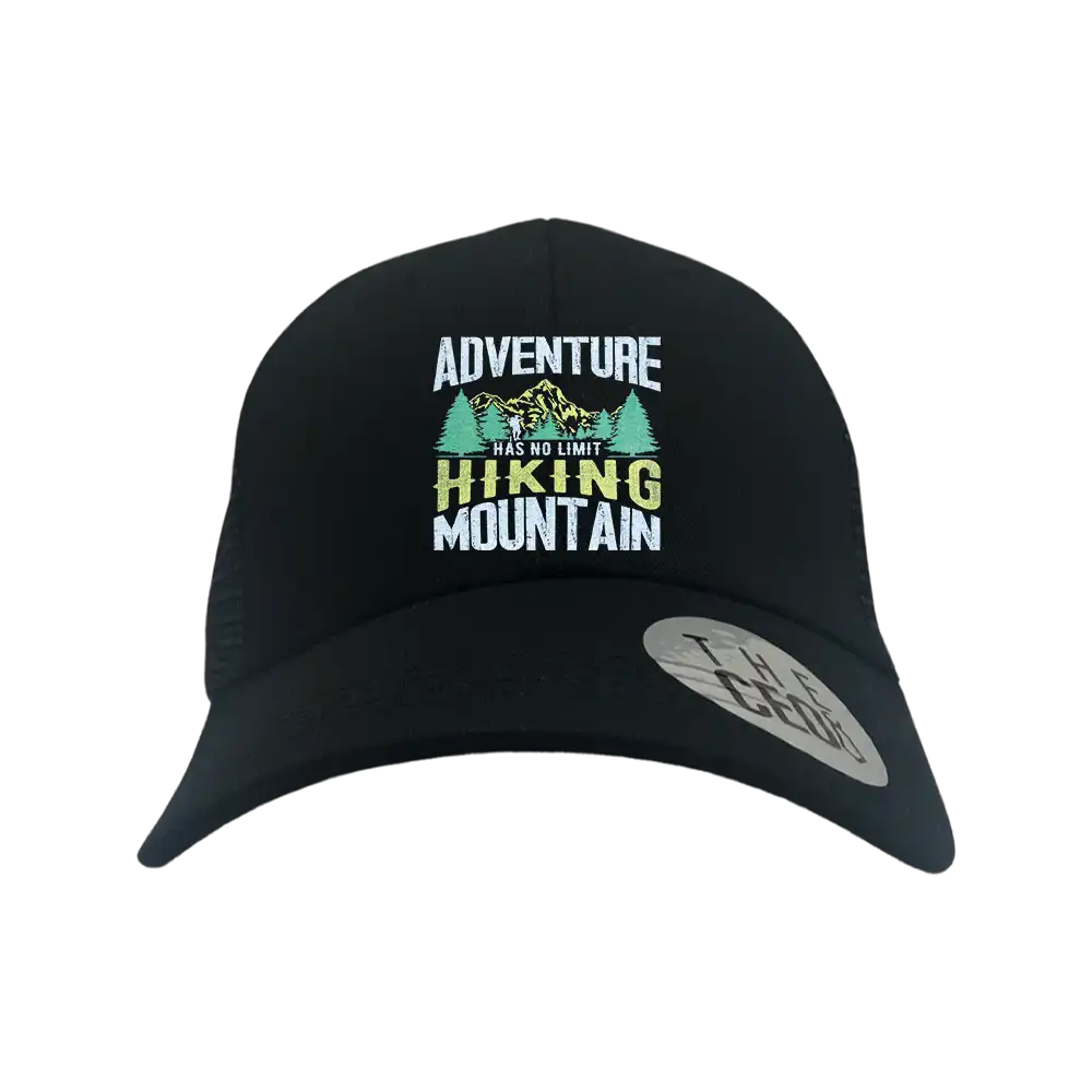 Adventure Has No Limit Embroidered Trucker Hat featuring a stylish design with a snapback closure, perfect for outdoor activities.