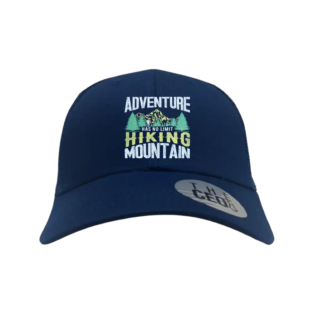 Adventure Has No Limit Embroidered Trucker Hat featuring a stylish design with a snapback closure, perfect for outdoor activities.