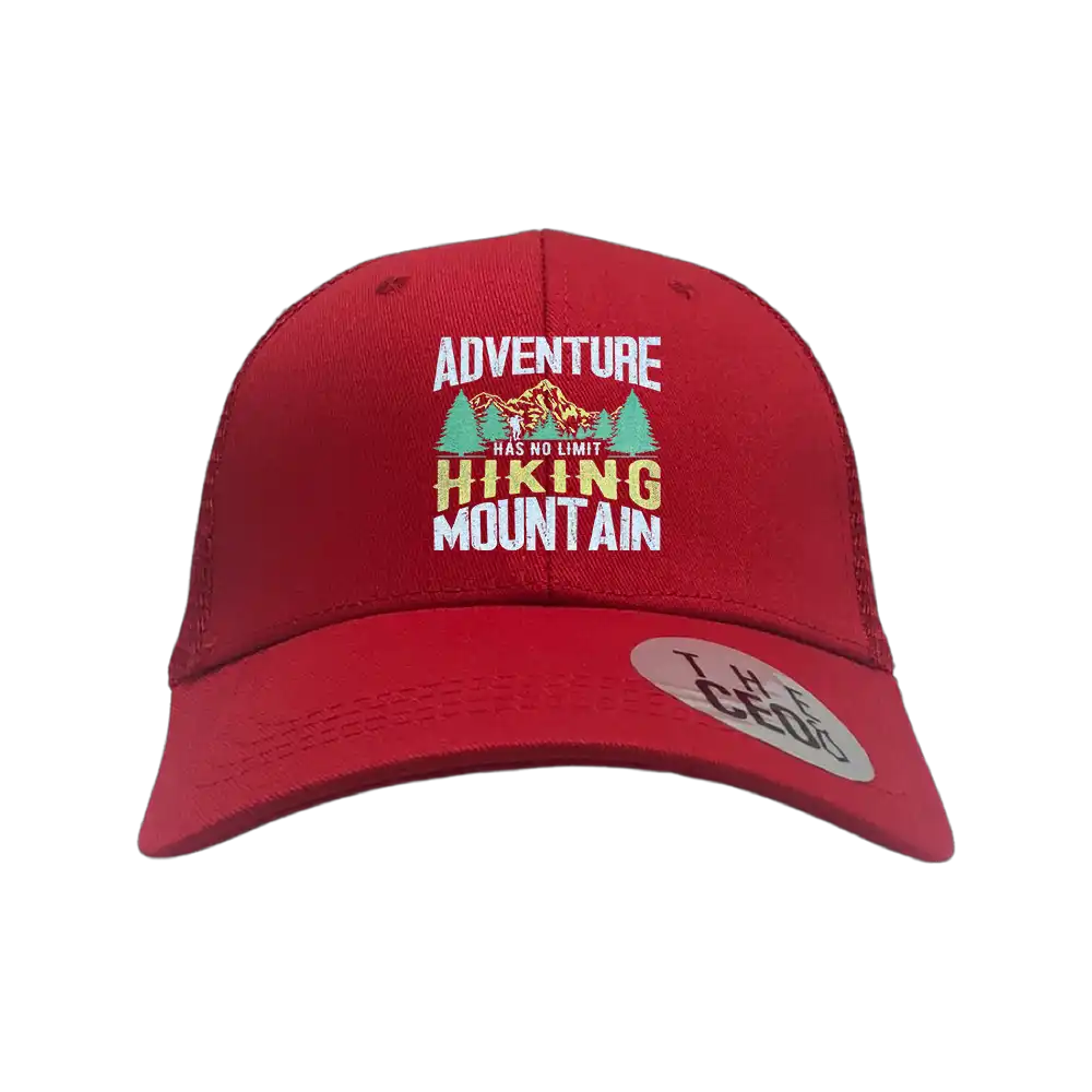 Adventure Has No Limit Embroidered Trucker Hat featuring a stylish design with a snapback closure, perfect for outdoor activities.