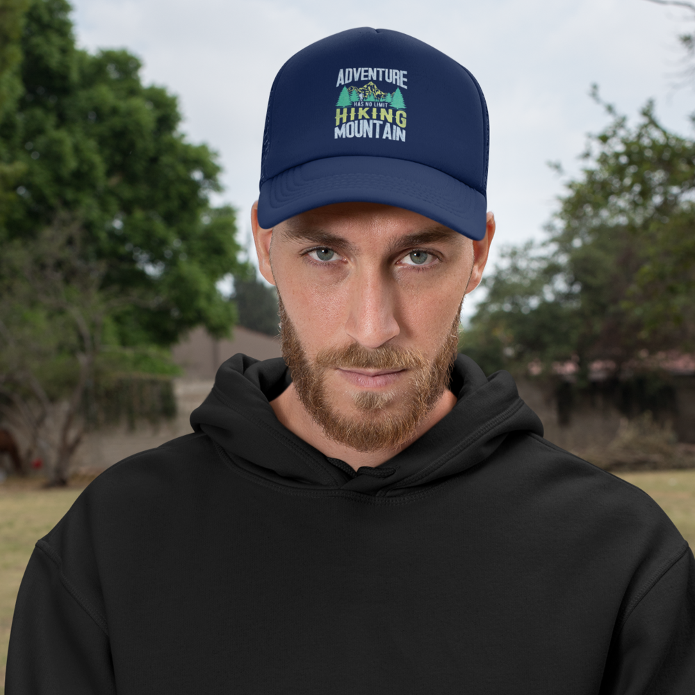 Adventure Has No Limit Embroidered Trucker Hat featuring a stylish design with a snapback closure, perfect for outdoor activities.