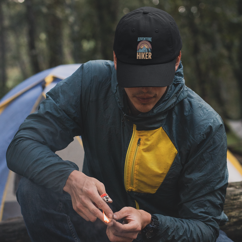 Adventure Hiker Embroidered Baseball Hat featuring a stylish design and snapback closure, perfect for outdoor enthusiasts.