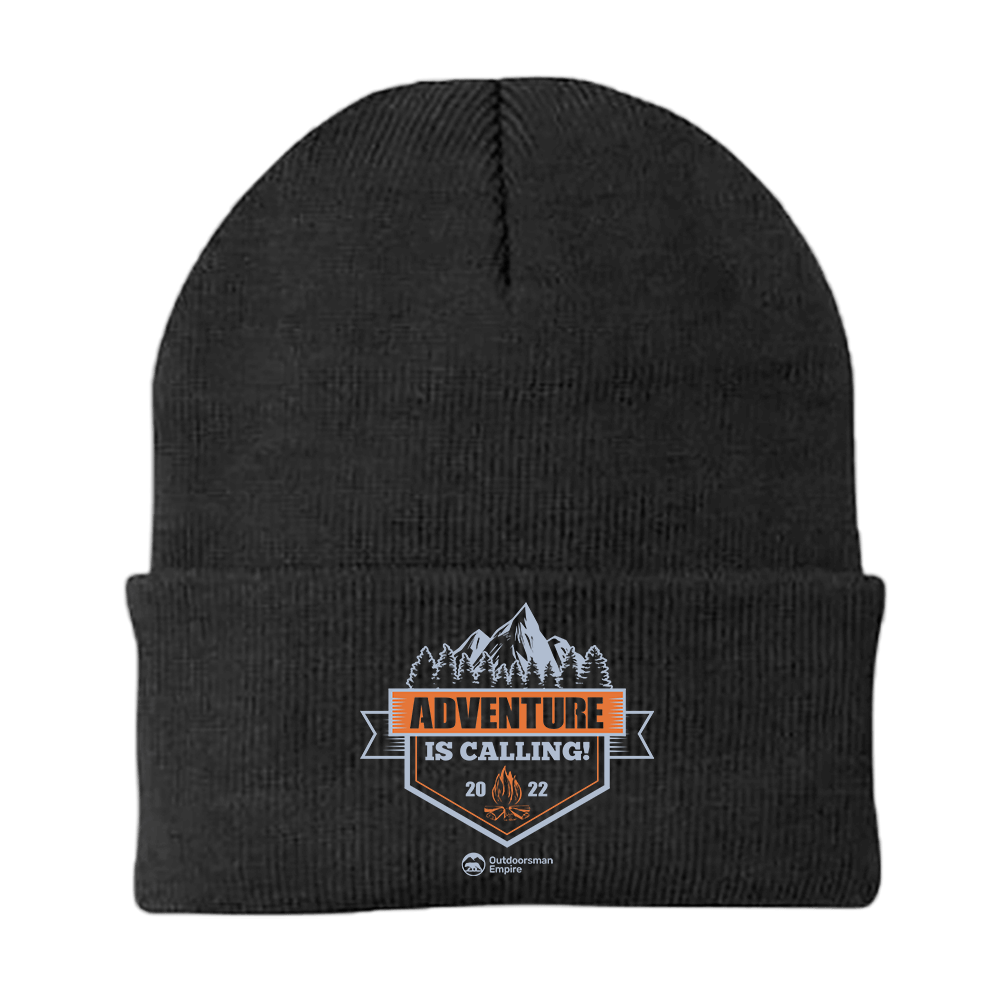 Adventure Is Calling Embroidered Beanie in a stylish design, perfect for outdoor adventures, made from a cotton-acrylic blend.