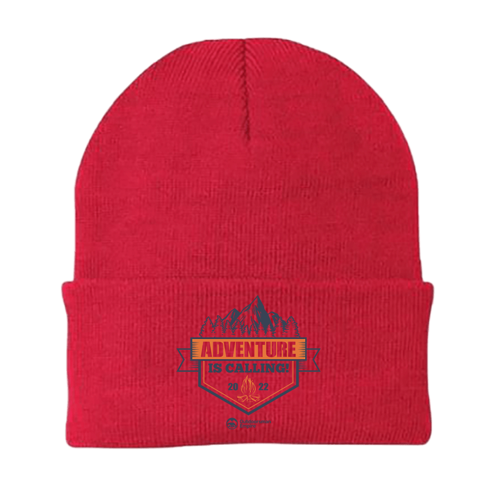 Adventure Is Calling Embroidered Beanie in a stylish design, perfect for outdoor adventures, made from a cotton-acrylic blend.