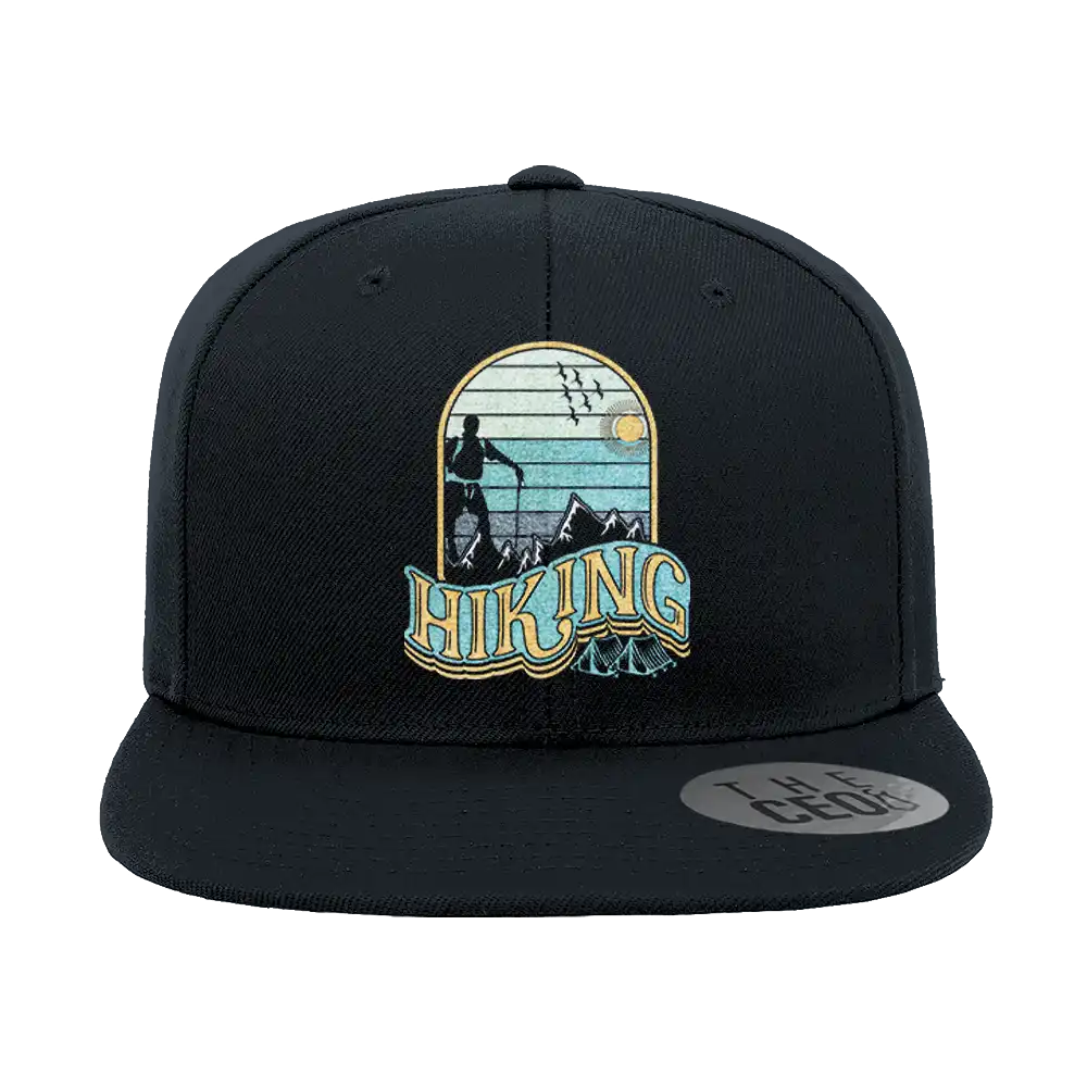 Adventure Is Calling Embroidered Flat Bill Cap featuring a structured design, green under visor, and adjustable snapback closure.