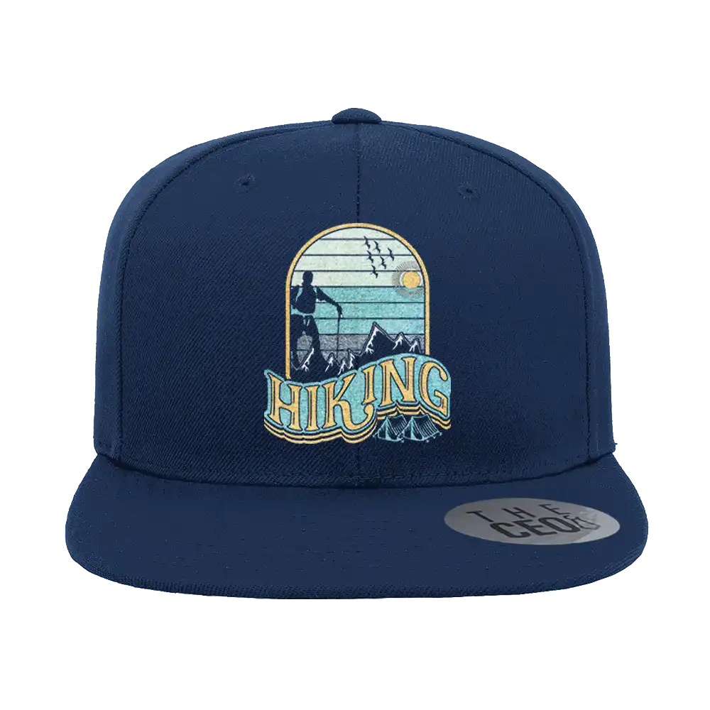 Adventure Is Calling Embroidered Flat Bill Cap featuring a structured design, green under visor, and adjustable snapback closure.