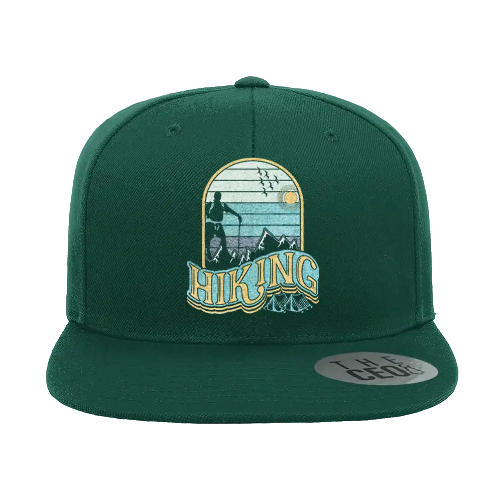 Adventure Is Calling Embroidered Flat Bill Cap featuring a structured design, green under visor, and adjustable snapback closure.