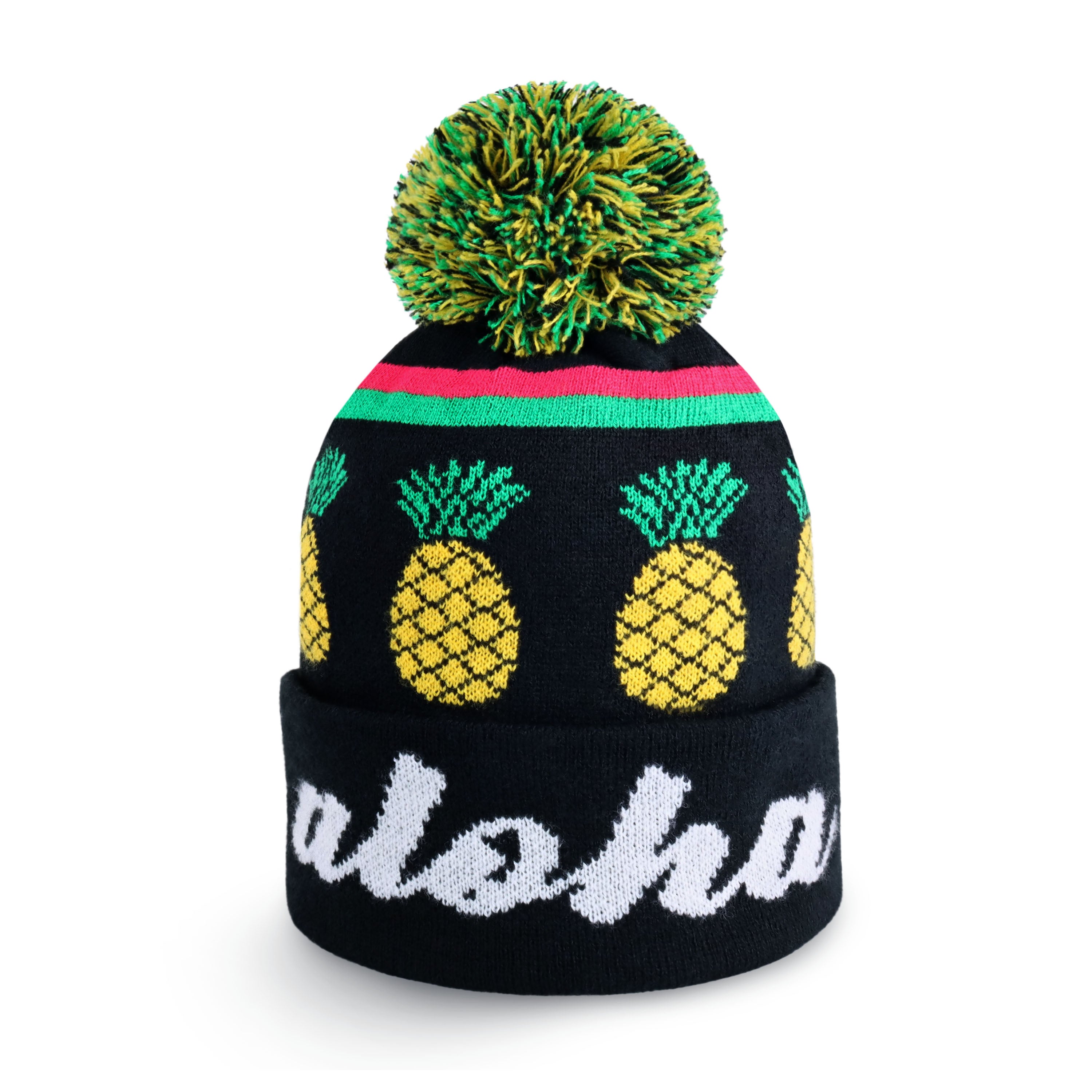 Aloha Pom Beanie featuring a stylish design with a pom-pom on top, made from soft acrylic fabric, perfect for winter wear.