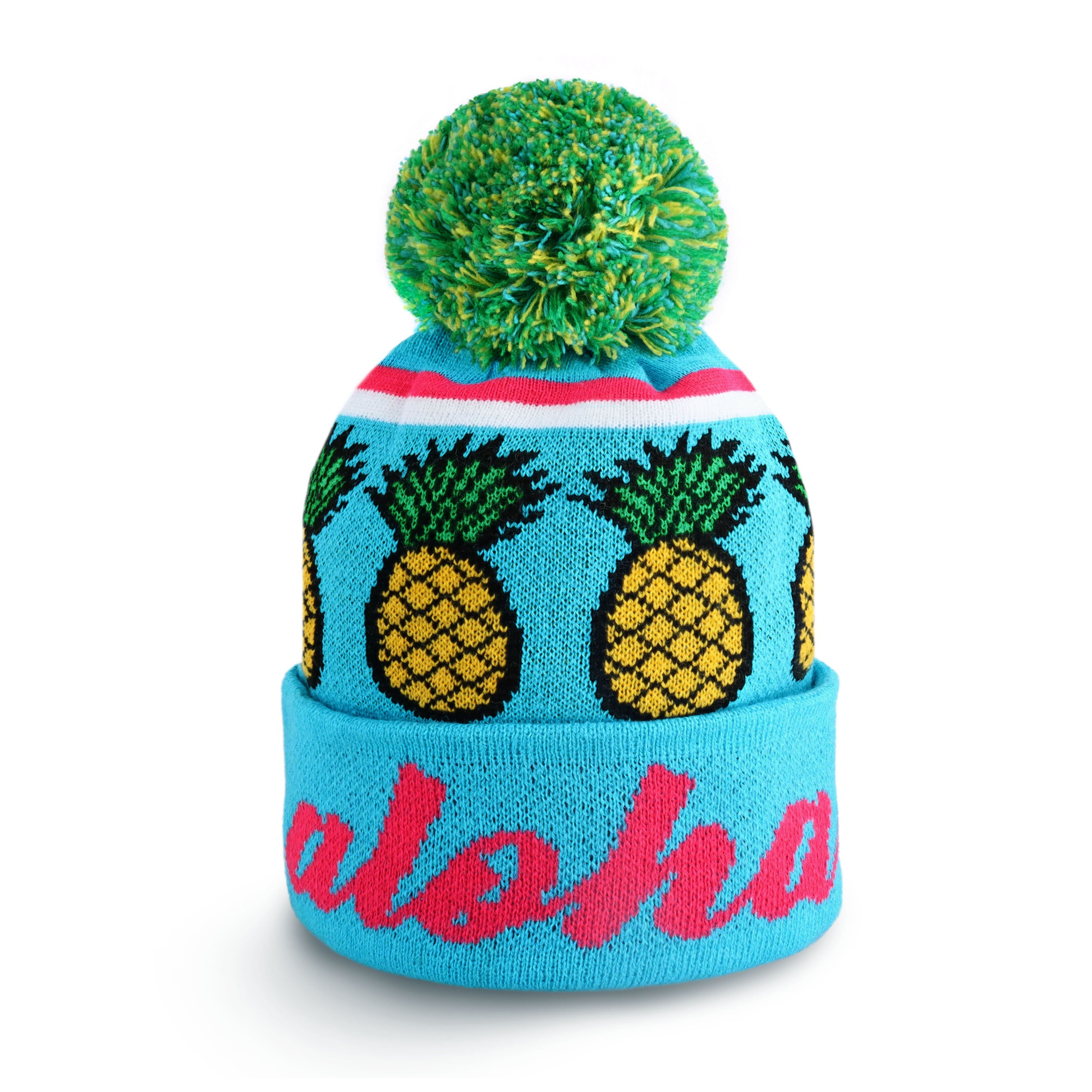 Aloha Pom Beanie featuring a stylish design with a pom-pom on top, made from soft acrylic fabric, perfect for winter wear.