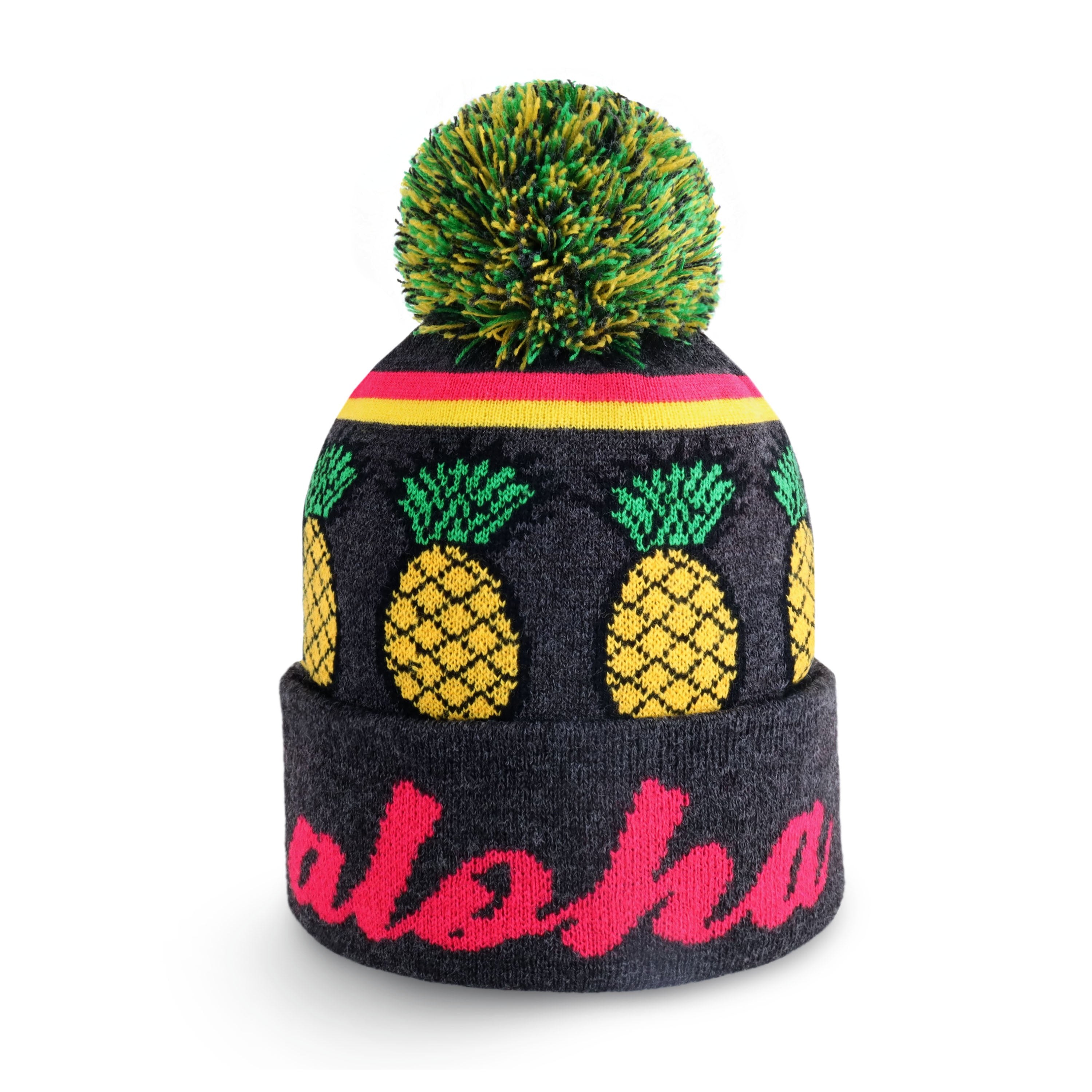 Aloha Pom Beanie featuring a stylish design with a pom-pom on top, made from soft acrylic fabric, perfect for winter wear.