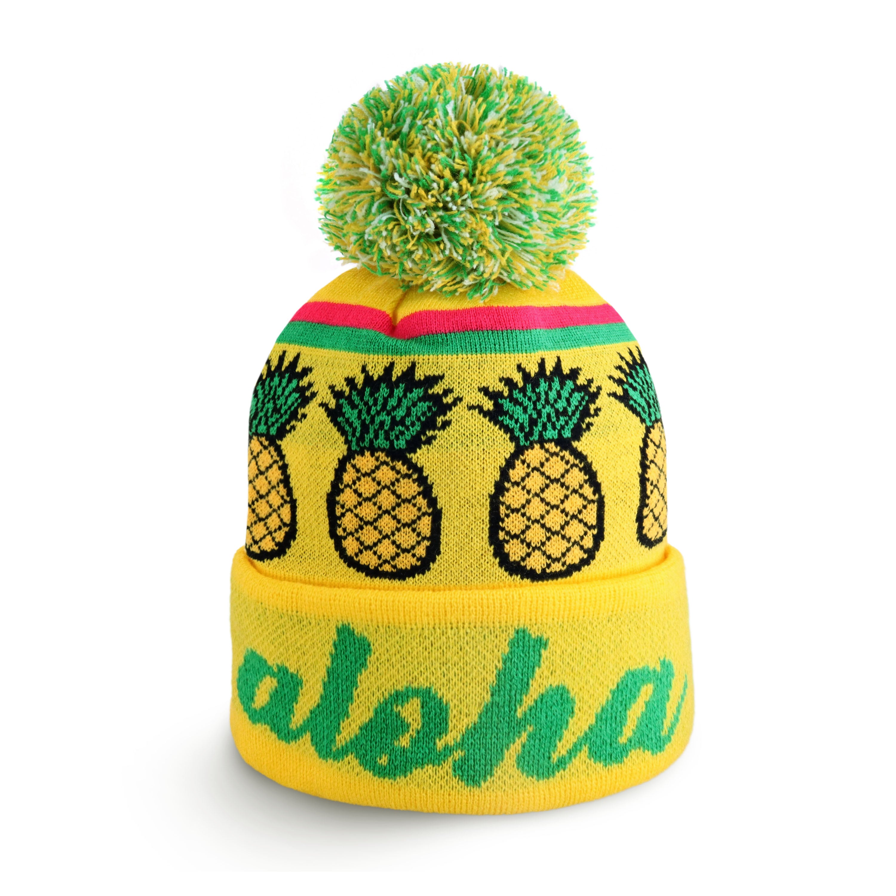 Aloha Pom Beanie featuring a stylish design with a pom-pom on top, made from soft acrylic fabric, perfect for winter wear.