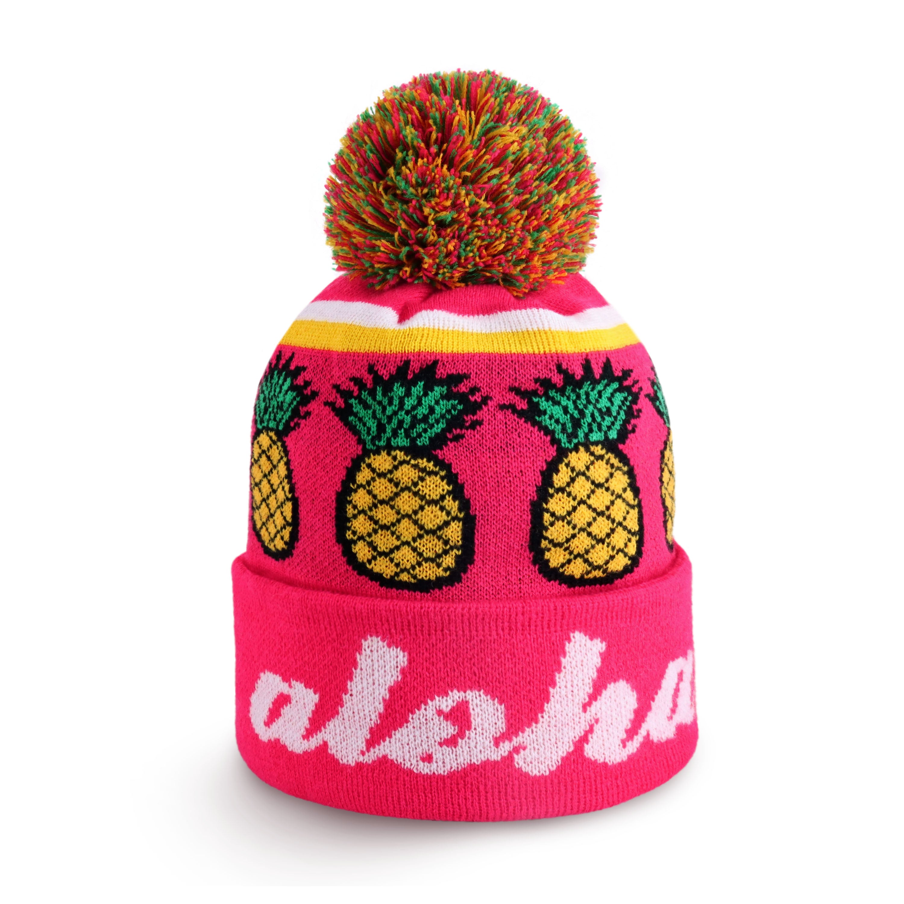 Aloha Pom Beanie featuring a stylish design with a pom-pom on top, made from soft acrylic fabric, perfect for winter wear.