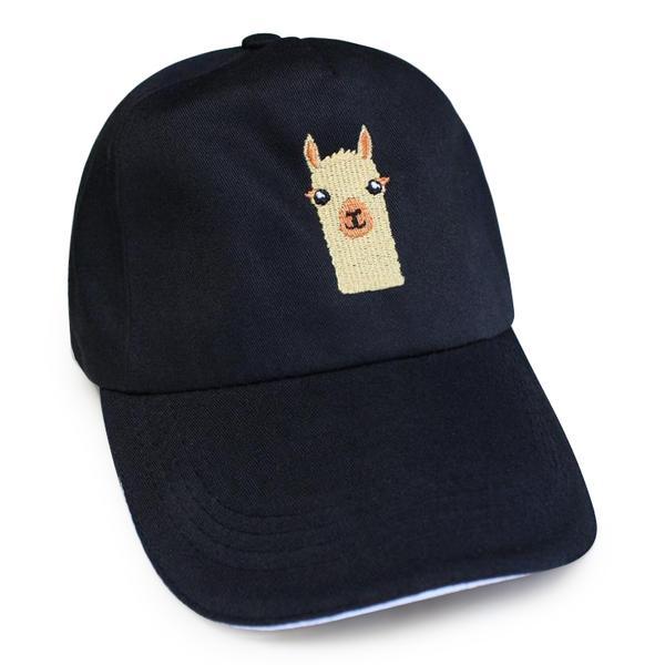 A stylish alpaca baseball cap featuring a cute embroidered alpaca design, adjustable strap, and made from high-quality cotton in various colors.