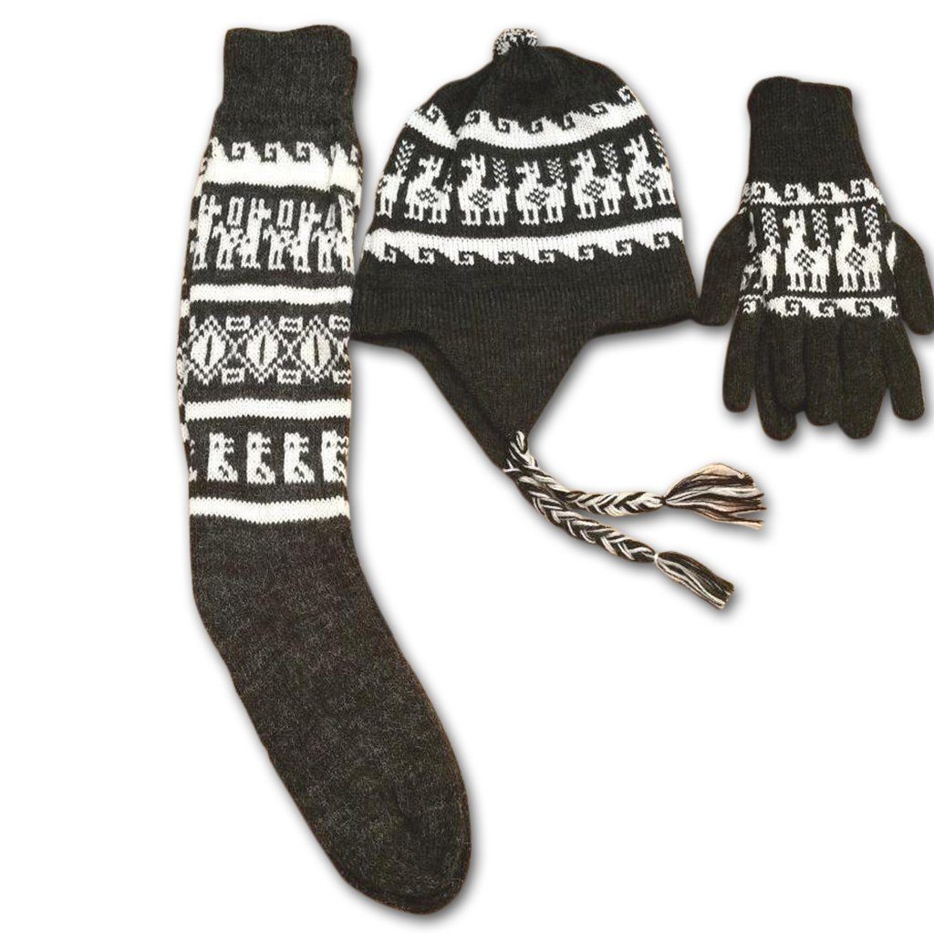 A pair of soft and stylish Alpaca Inca Gloves featuring bold Inca designs, made from a high-quality alpaca blend, perfect for winter wear.