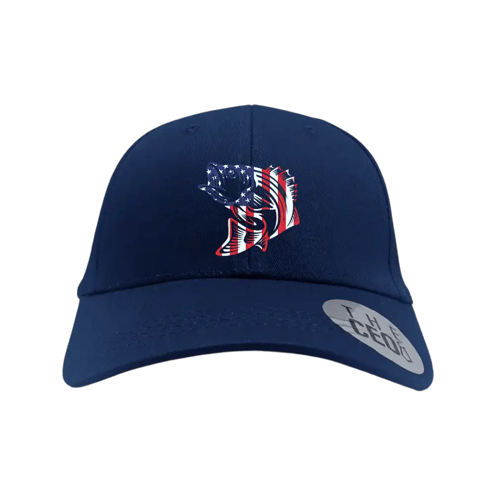 American Flag Fish Embroidered Baseball Hat featuring a vibrant embroidered design of the American flag and fish, perfect for casual wear.