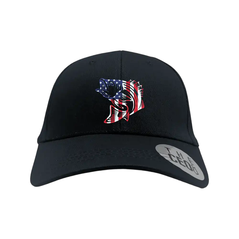 American Flag Fish Embroidered Baseball Hat featuring a vibrant embroidered design of the American flag and fish, perfect for casual wear.