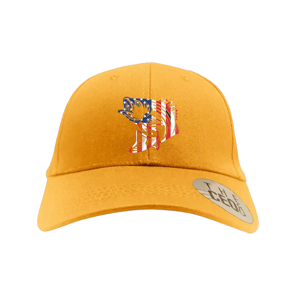 American Flag Fish Embroidered Baseball Hat featuring a vibrant embroidered design of the American flag and fish, perfect for casual wear.