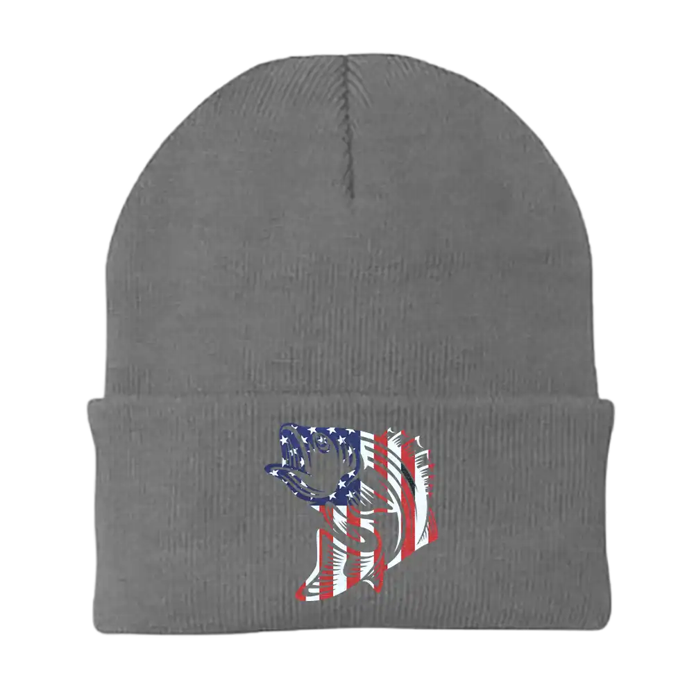 A stylish American Flag Fish Embroidered Beanie showcasing a unique design with vibrant colors, perfect for outdoor enthusiasts.