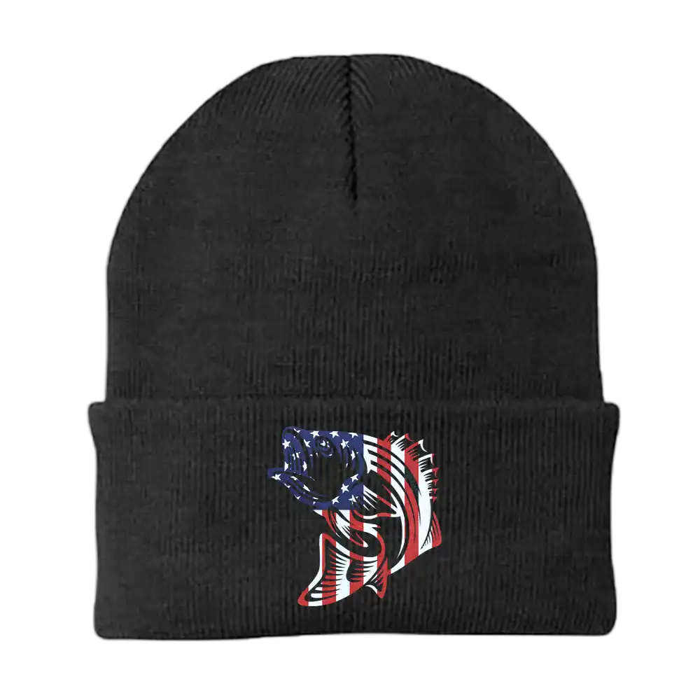 A stylish American Flag Fish Embroidered Beanie showcasing a unique design with vibrant colors, perfect for outdoor enthusiasts.