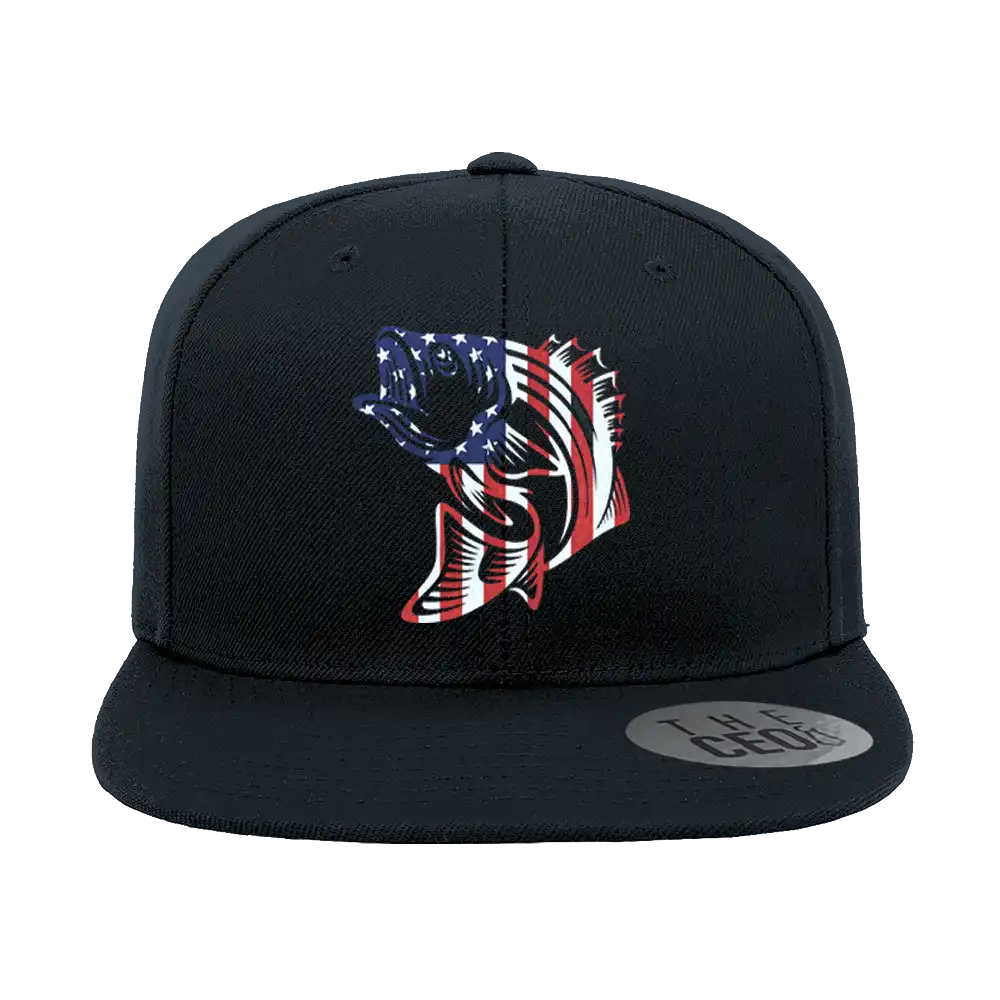 American Flag Fish Embroidered Flat Bill Cap featuring a structured design, green under visor, and snapback closure.