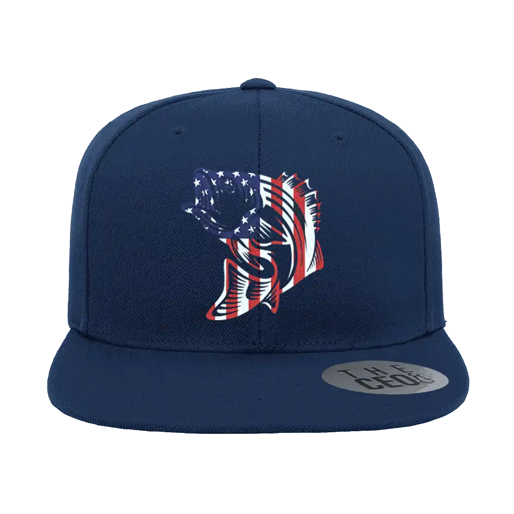 American Flag Fish Embroidered Flat Bill Cap featuring a structured design, green under visor, and snapback closure.