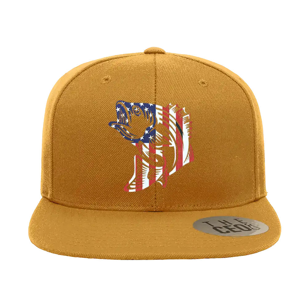 American Flag Fish Embroidered Flat Bill Cap featuring a structured design, green under visor, and snapback closure.