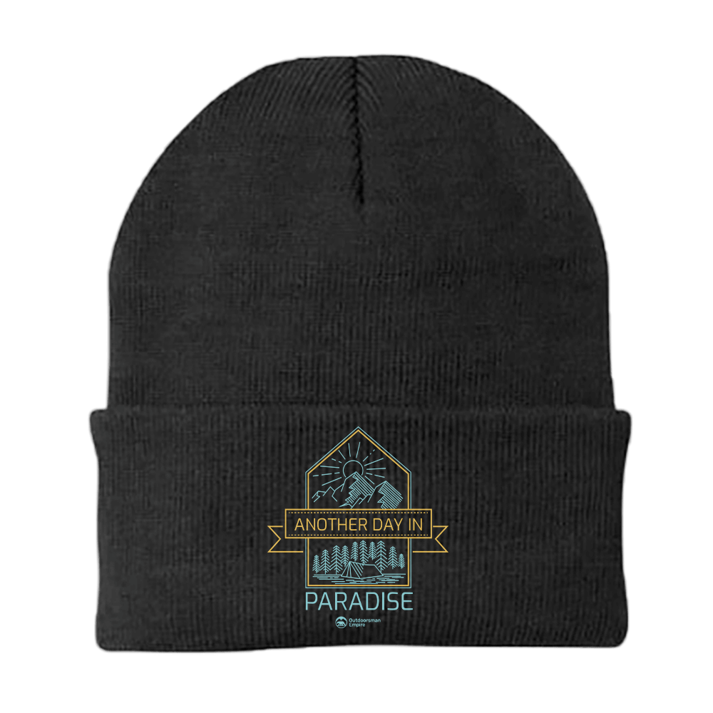 Another Day In Paradise Embroidered Beanie showcasing unique design and soft fabric blend.