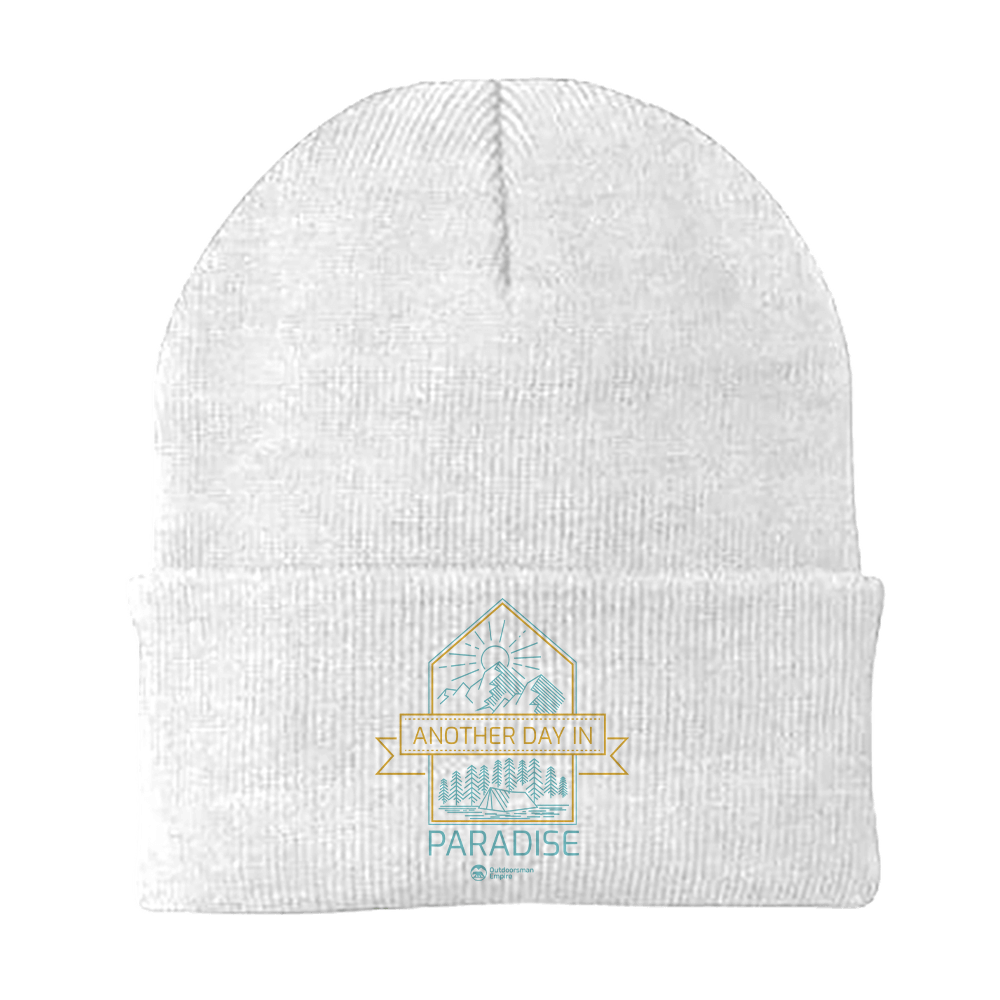 Another Day In Paradise Embroidered Beanie showcasing unique design and soft fabric blend.