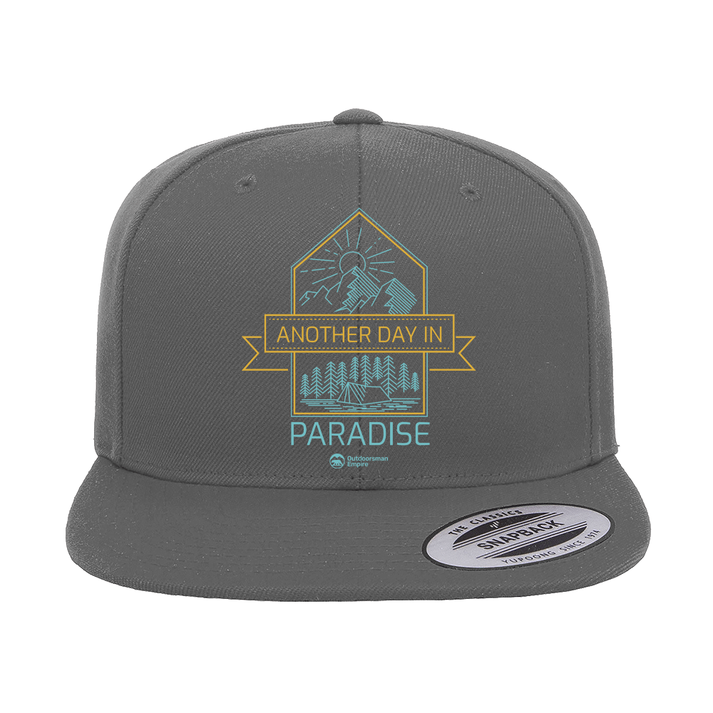 Another Day In Paradise Embroidered Flat Bill Cap featuring a structured design, green under visor, and snapback closure.