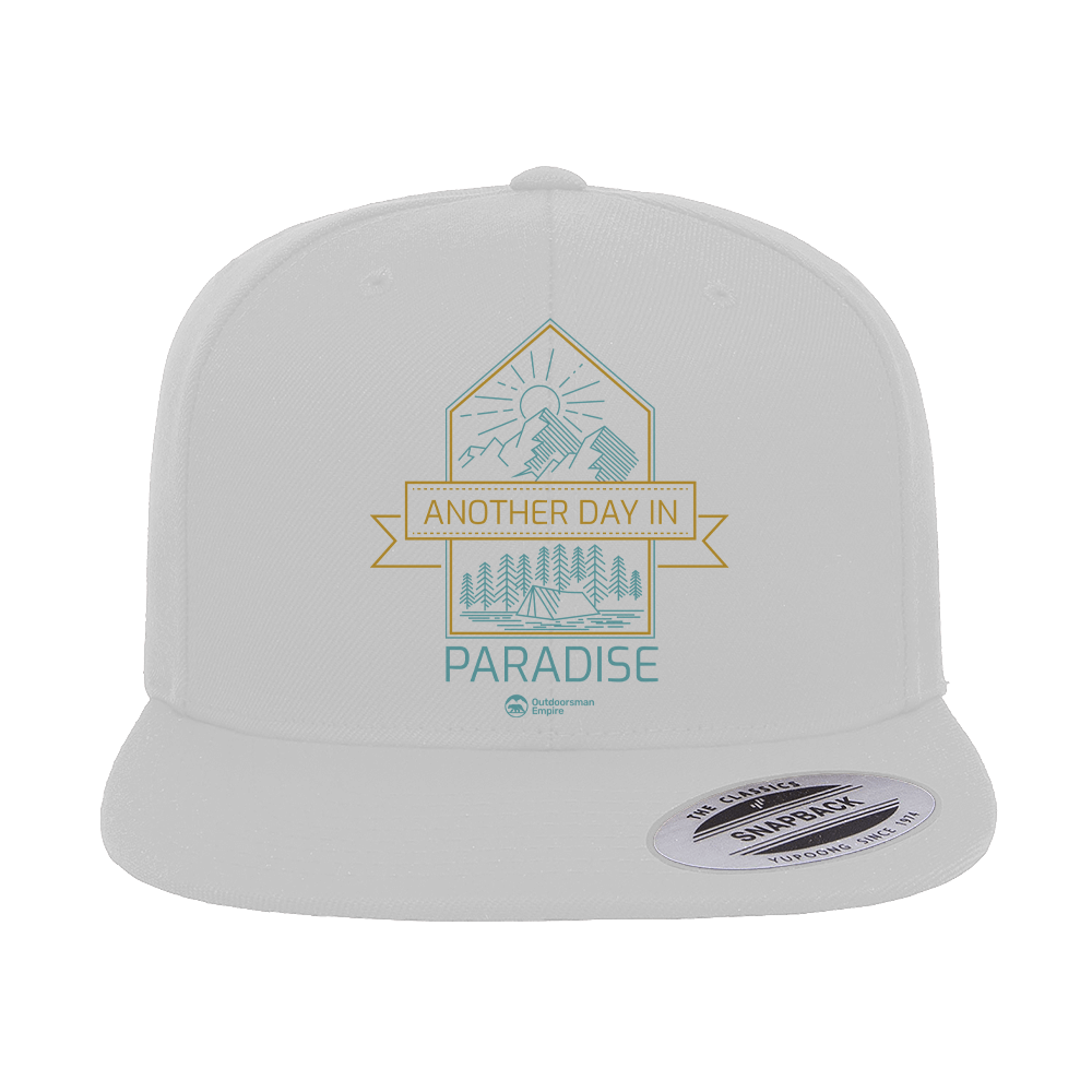 Another Day In Paradise Embroidered Flat Bill Cap featuring a structured design, green under visor, and snapback closure.