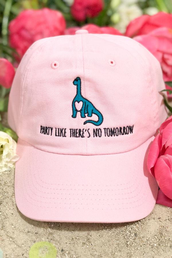 A-Roar-Able Brideasaurus Dad Hats in white and soft pink, featuring fun embroidered designs for brides.