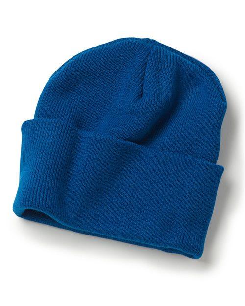 Bayside USA-Made 12" Knit Cuffed Beanie in various colors, showcasing its soft acrylic knit and stylish cuffed design.