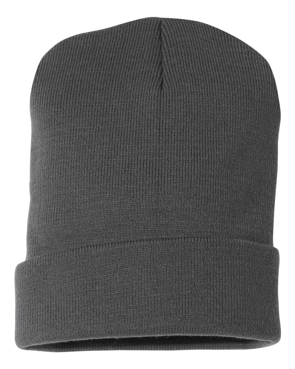 Bayside USA-Made 12" Knit Cuffed Beanie in various colors, showcasing its soft acrylic knit and stylish cuffed design.