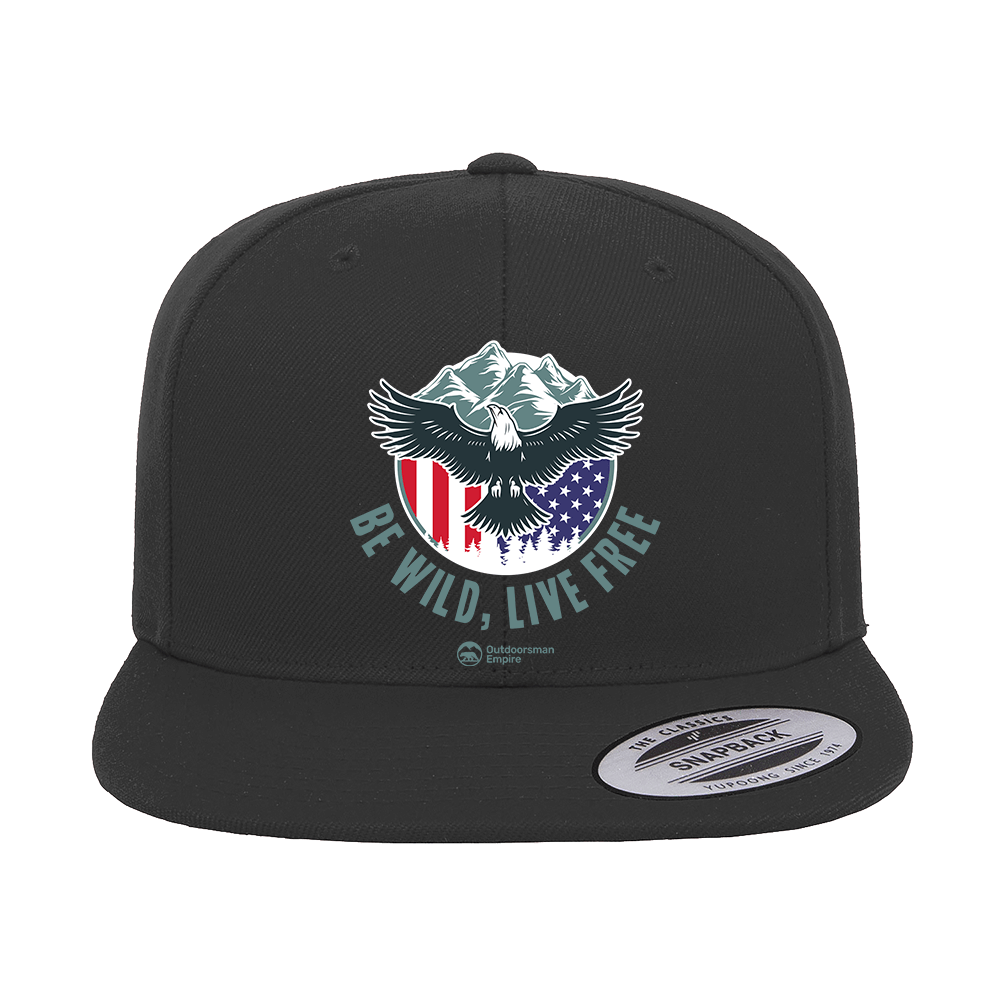 Be Wild Be Free Printed Flat Bill Cap featuring a structured design, green under visor, and snapback closure, perfect for stylish comfort.