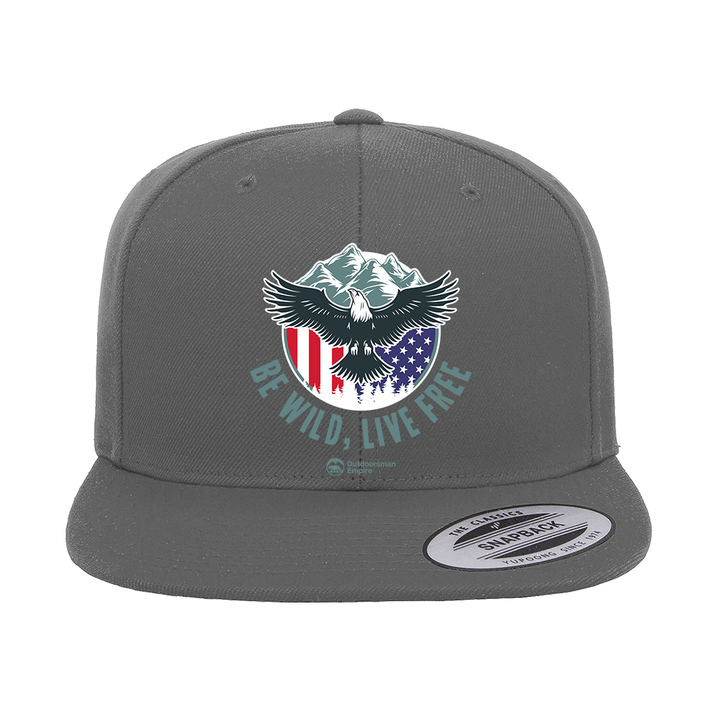 Be Wild Be Free Printed Flat Bill Cap featuring a structured design, green under visor, and snapback closure, perfect for stylish comfort.