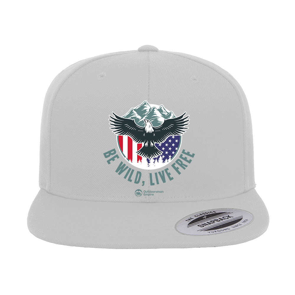 Be Wild Be Free Printed Flat Bill Cap featuring a structured design, green under visor, and snapback closure, perfect for stylish comfort.