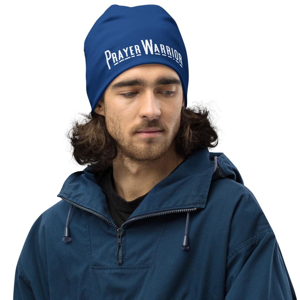 Blue slouchy beanie hat featuring a Prayer Warrior print, designed for both men and women, showcasing a trendy and stylish look.