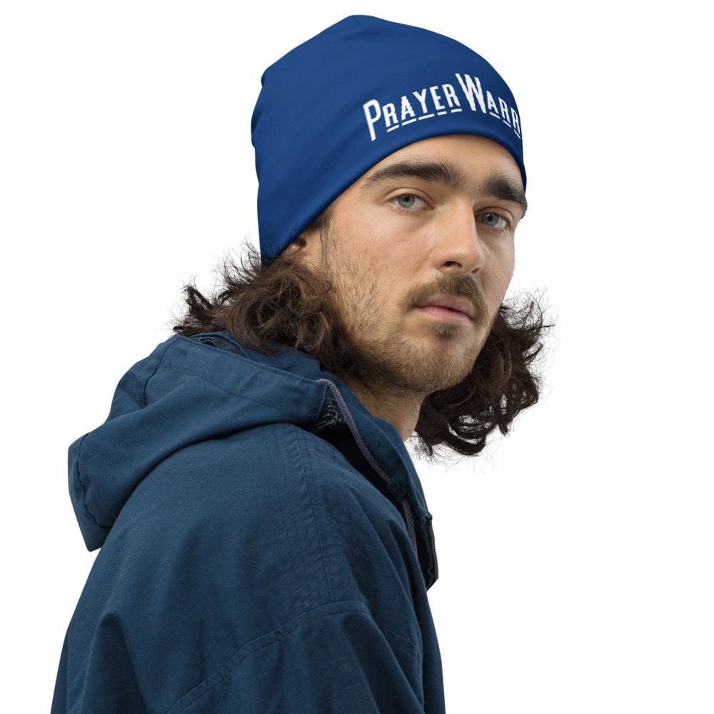 Blue slouchy beanie hat featuring a Prayer Warrior print, designed for both men and women, showcasing a trendy and stylish look.