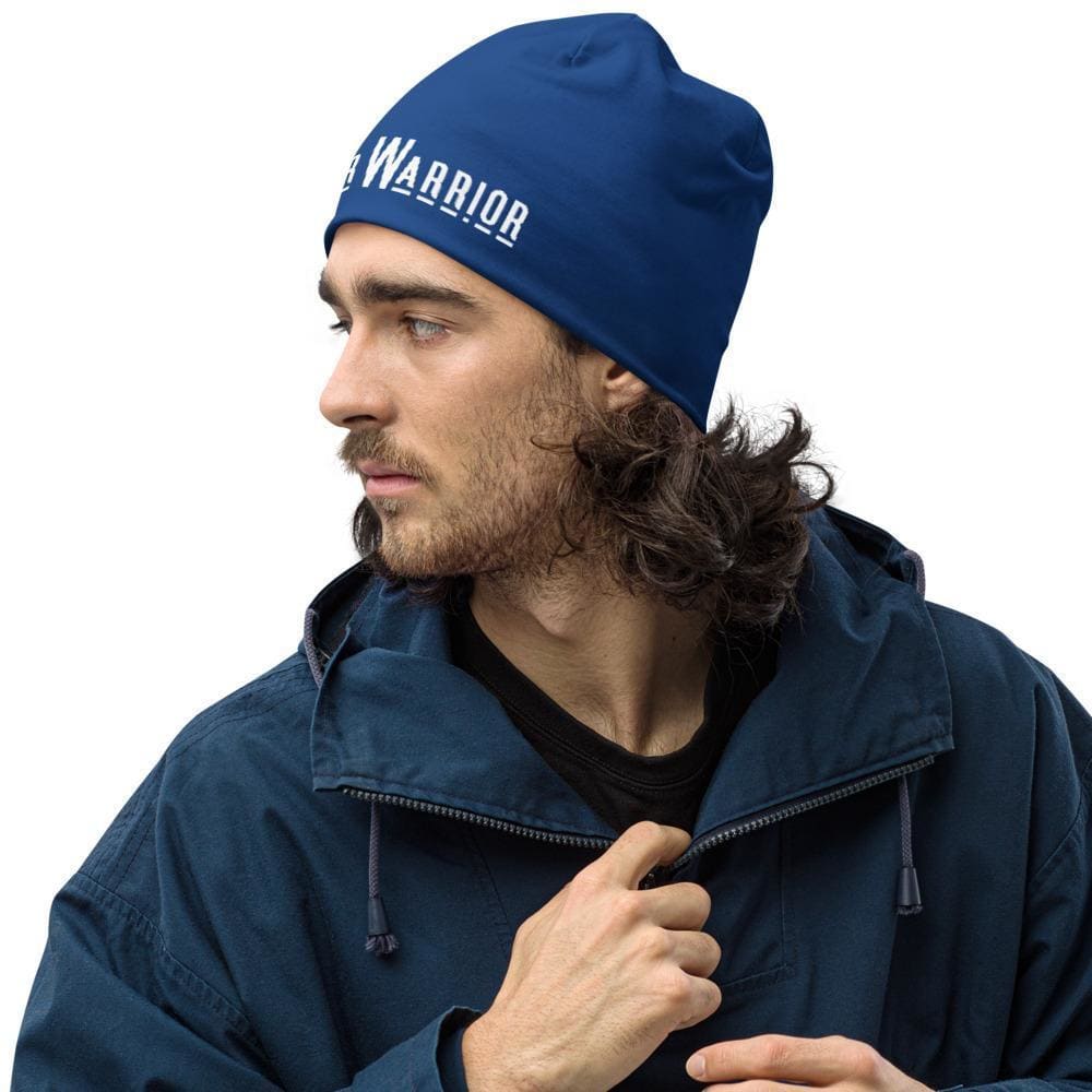 Blue slouchy beanie hat featuring a Prayer Warrior print, designed for both men and women, showcasing a trendy and stylish look.