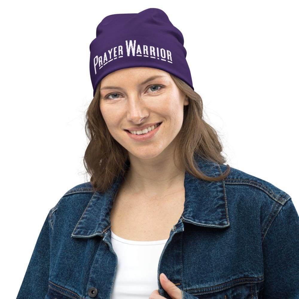 Purple slouchy beanie hat featuring a Prayer Warrior print, designed for both men and women, showcasing a trendy and stylish look.