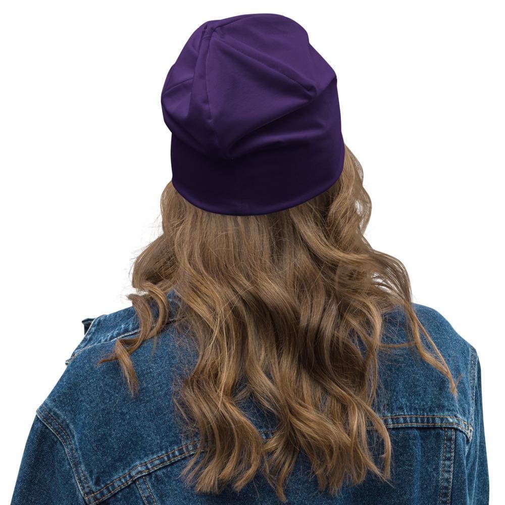 Purple slouchy beanie hat featuring a Prayer Warrior print, designed for both men and women, showcasing a trendy and stylish look.