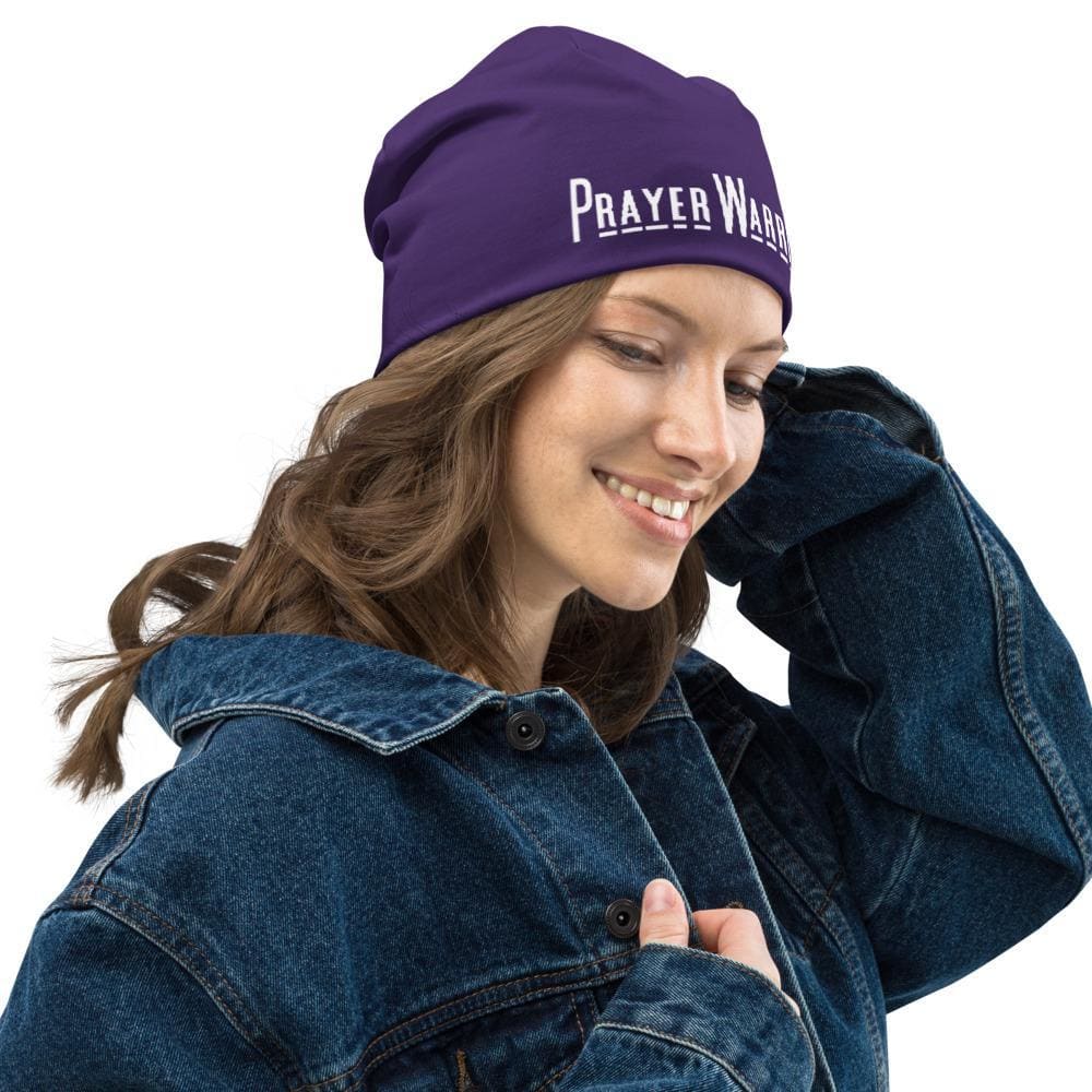 Purple slouchy beanie hat featuring a Prayer Warrior print, designed for both men and women, showcasing a trendy and stylish look.