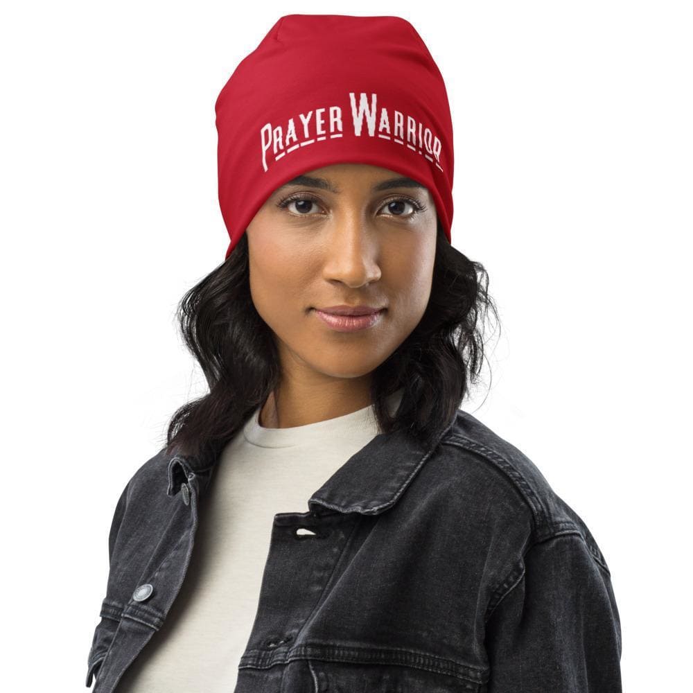 Red slouchy beanie hat featuring a Prayer Warrior print, designed for both men and women, showcasing a trendy and stylish look.