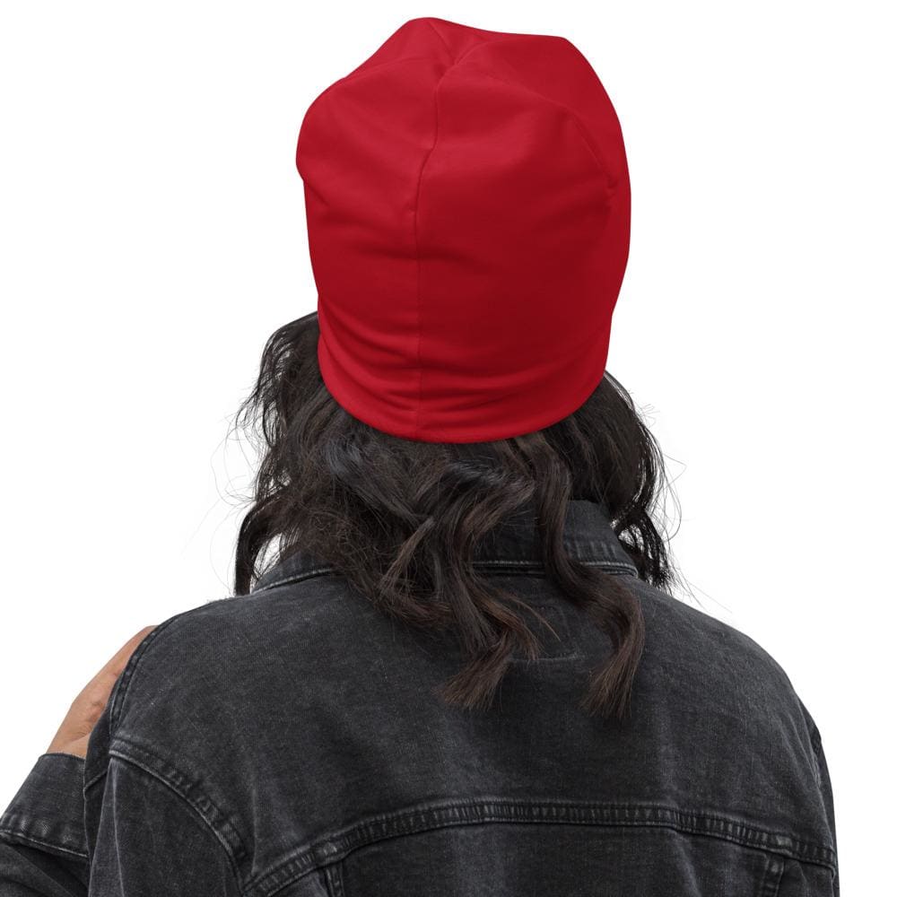 Red slouchy beanie hat featuring a Prayer Warrior print, designed for both men and women, showcasing a trendy and stylish look.