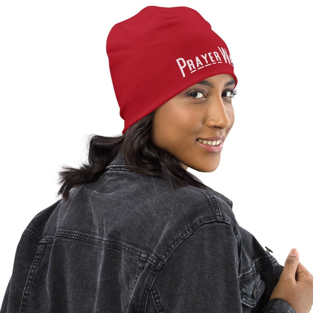 Red slouchy beanie hat featuring a Prayer Warrior print, designed for both men and women, showcasing a trendy and stylish look.